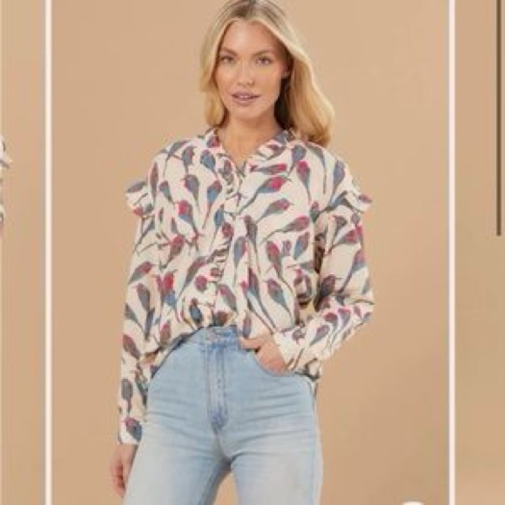 Floral Print Blouse - Cream and Blue
